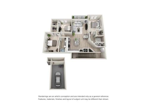 A floor plan of a house with a garage and a car.